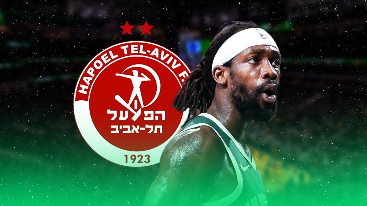 Patrick Beverley with a logo of Hapoel Tel Aviv in the background.