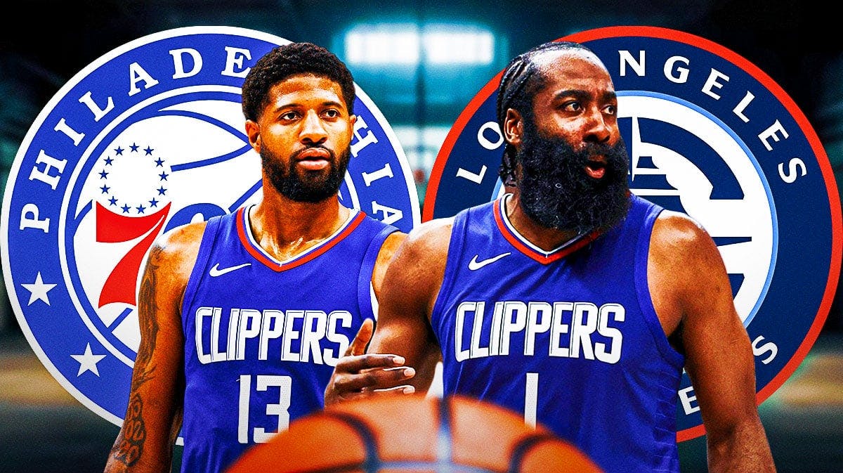 Philadelphia 76ers player Paul George and Los Angeles Clippers player James Harden
