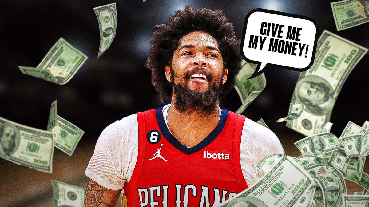 Pelicans' Brandon Ingram with cash falling from the sky, speech bubble on Ingram: "GIVE ME MY MONEY!"