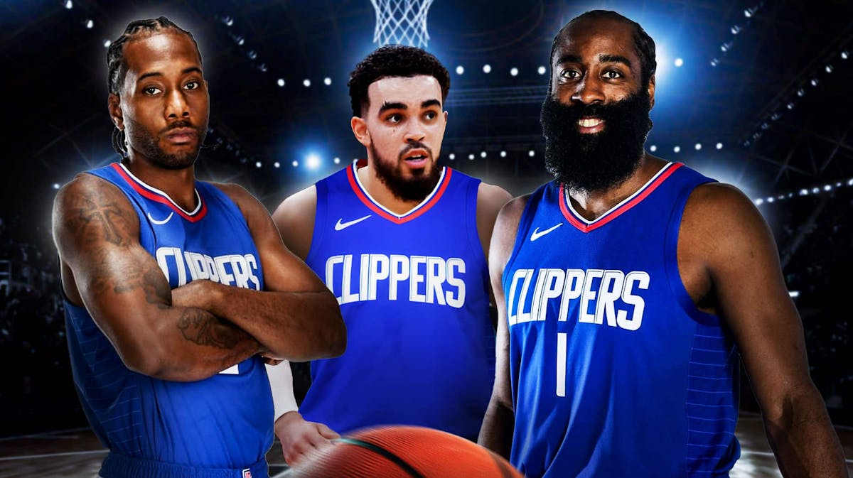 Tyus Jones in a Clippers uniform in the middle, with Kawhi Leonard and James Harden beside him