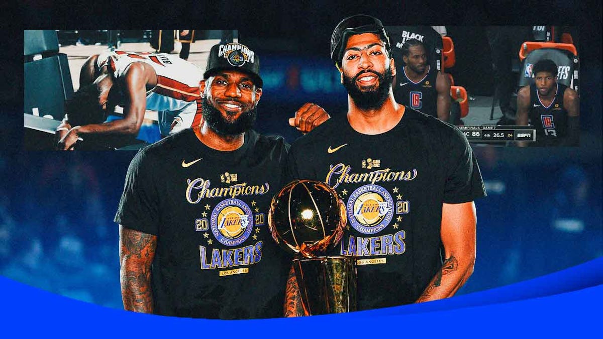 Lakers' LeBron James and Anthony Davis holding the 2020 NBA championship, Heat's Jimmy Butler in his iconic tired photo and Clippers' Paul George and Kawhi Leonard looking sad in the bubble