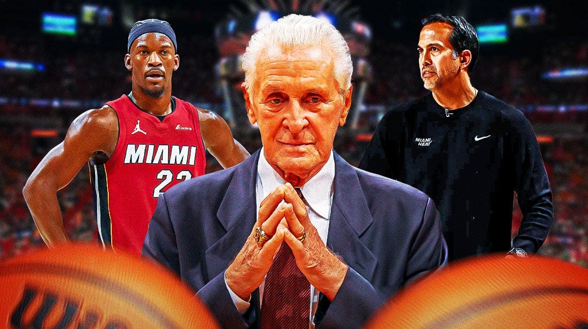 Miami Heat's Pat Riley, Erik Spoelstra, and Jimmy Butler in front of Kaseya Center.