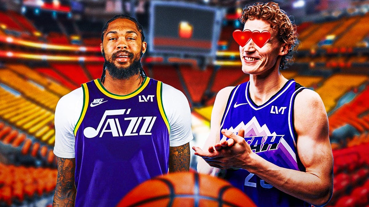 Pelicans' Brandon Ingram in a Jazz uniform, with Lauri Markkanen smiling at him with hearts all over