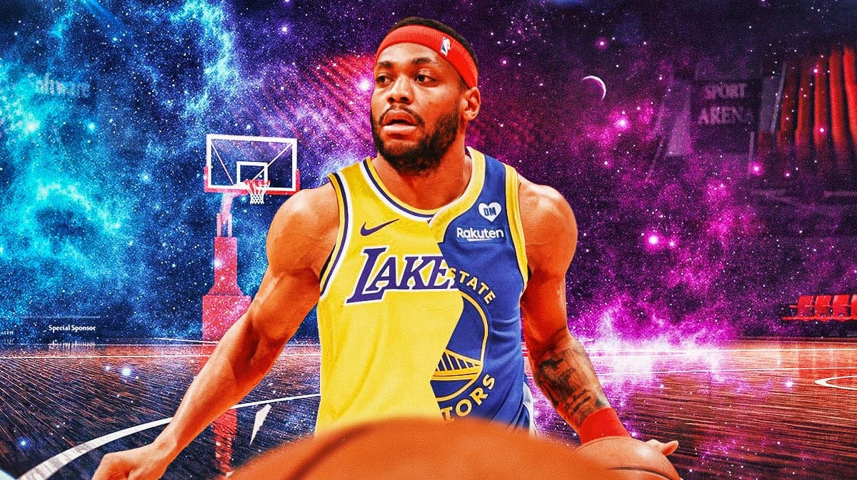 Bruce Brown in a crossover Lakers/Warriors jersey with a purple/blue background.