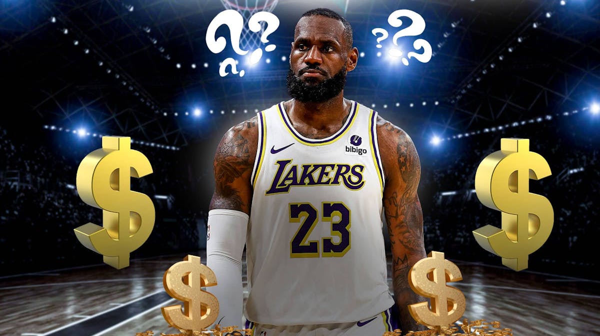 LeBron James, dollar signs around him and question marks above