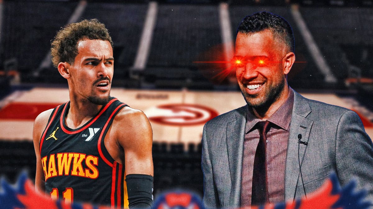 Hawks GM Landry Fields looks at Trae Young with laser eyes