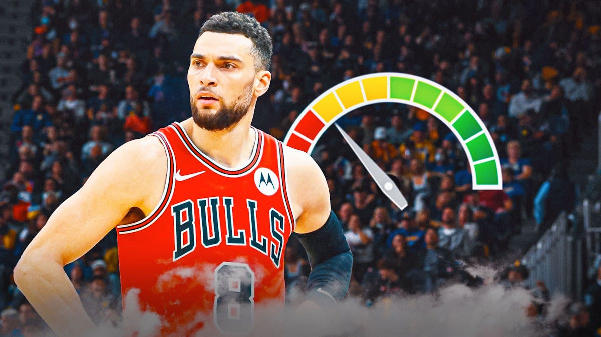 Bulls' Zach LaVine looking angry, with a trust meter on the side, with the trust meter on low