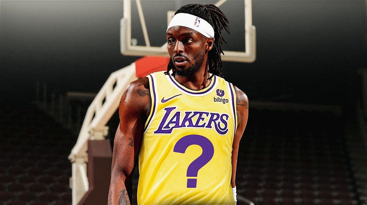 Jerami Grant in a Lakers uniform with a question mark on it.