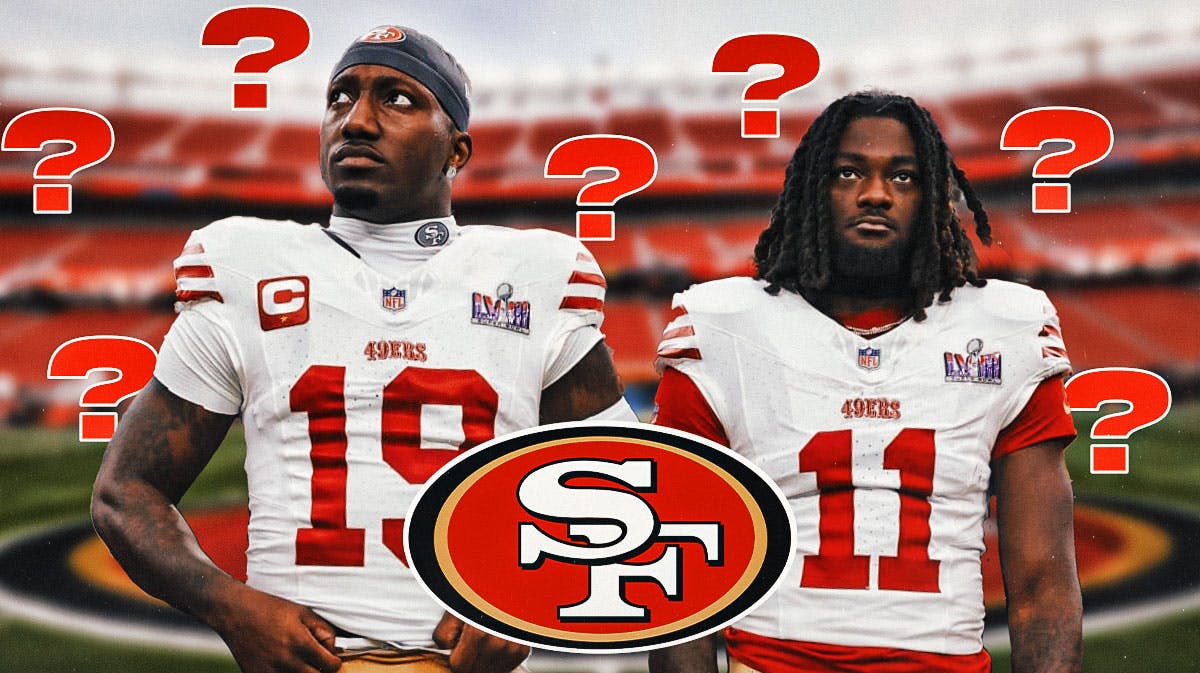 San Francisco 49ers wide receivers Deebo Samuel and Brandon Aiyuk surrounded by red question mark emojis. There is also a logo for the San Francisco 49ers.