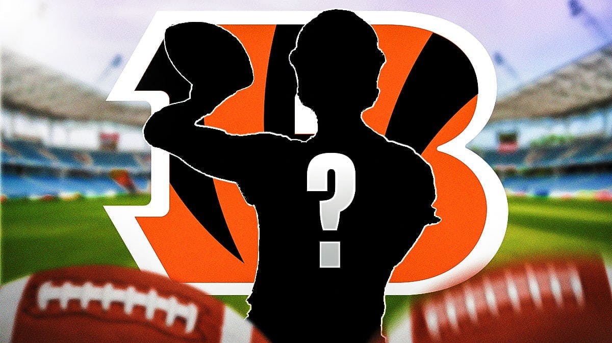 A silhouette of an American football player with a big question mark emoji inside. There is also a logo for the Cincinnati Bengals.