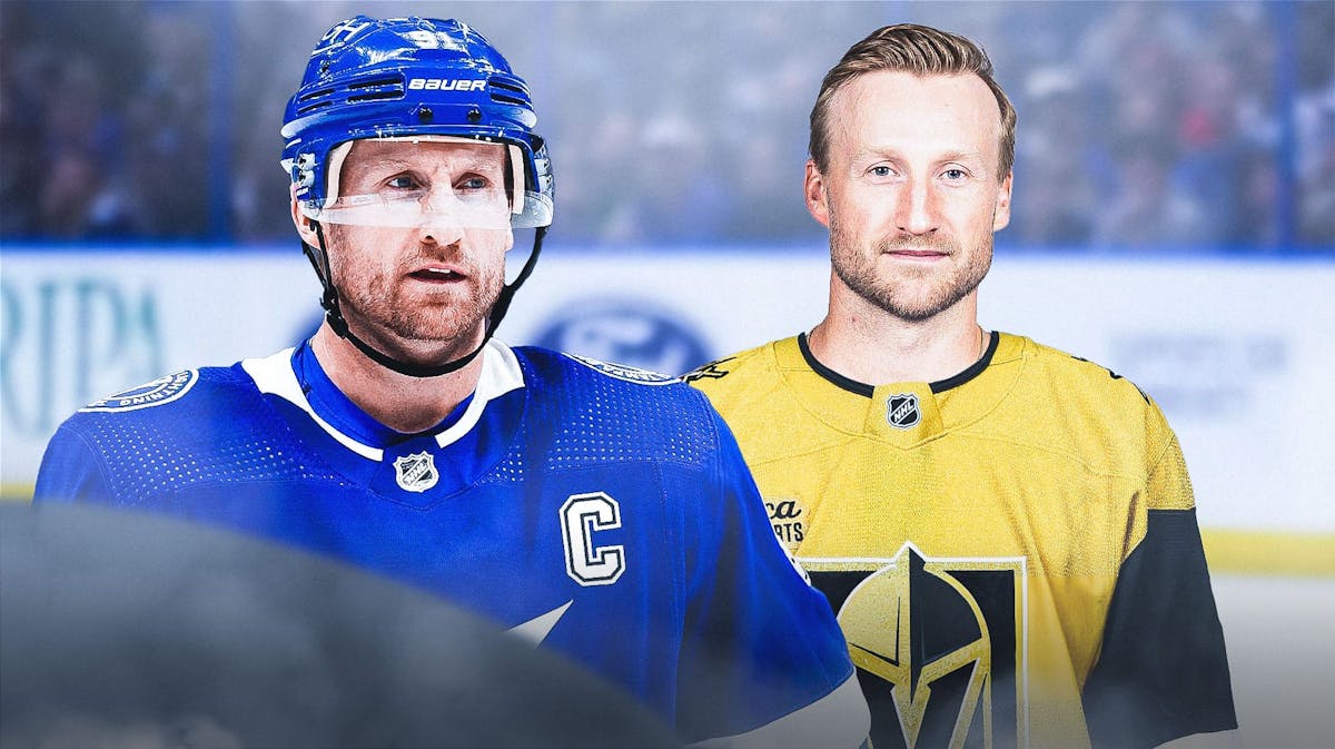Steven Stamkos on one side in a Tampa Bay Lightning uniform with an arrow pointing to Steven Stamkos on the other side in a Vegas Golden Knights uniform, a bunch of question marks in the background