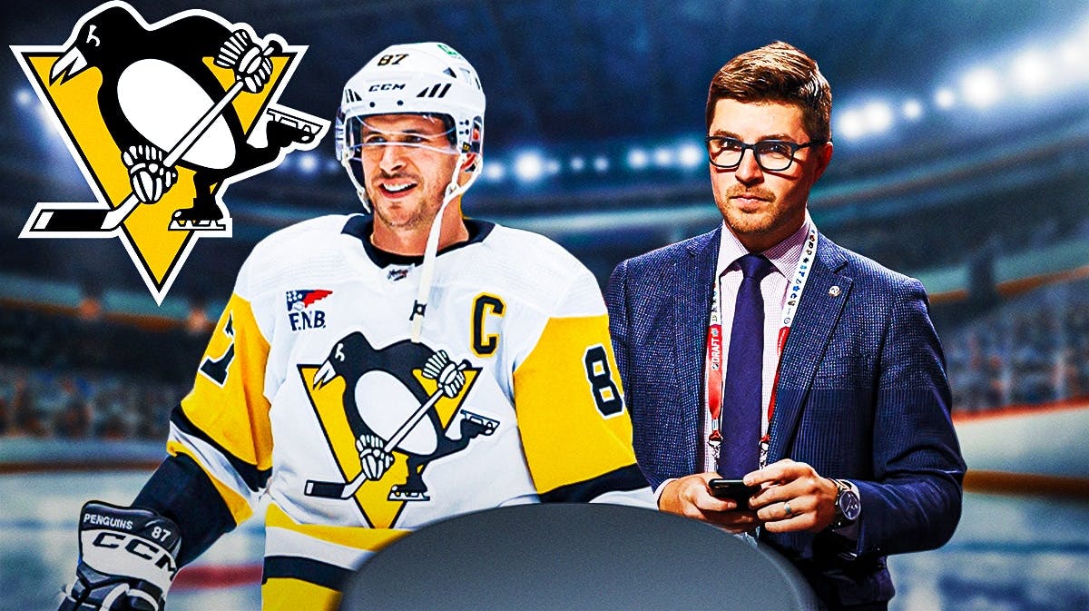 Sidney Crosby in middle of image looking hopeful, Kyle Dubas in image, Pittsburgh Penguins logo, hockey rink in background
