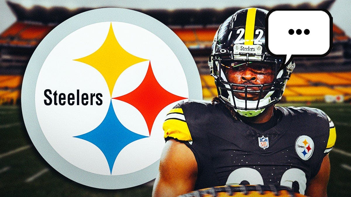 Pittsburgh Steelers running back Najee Harris with a speech bubble that has the three dots emoji inside. There is also a logo for the Pittsburgh Steelers.