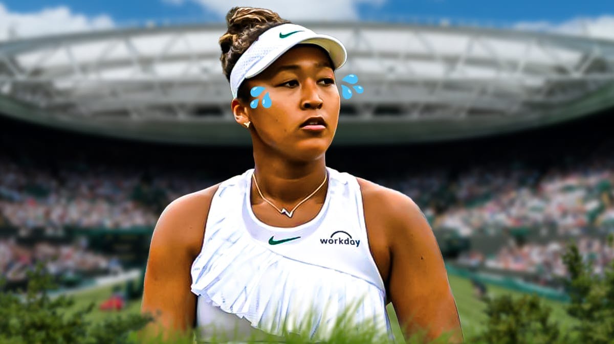 Woman's tennis player Naomi Osaka, with the Wimbledon Tennis Courts in the background. Naomi Osaka should have fake tear drops coming out of her eyes, and a sad or neutral or frustrated expression.