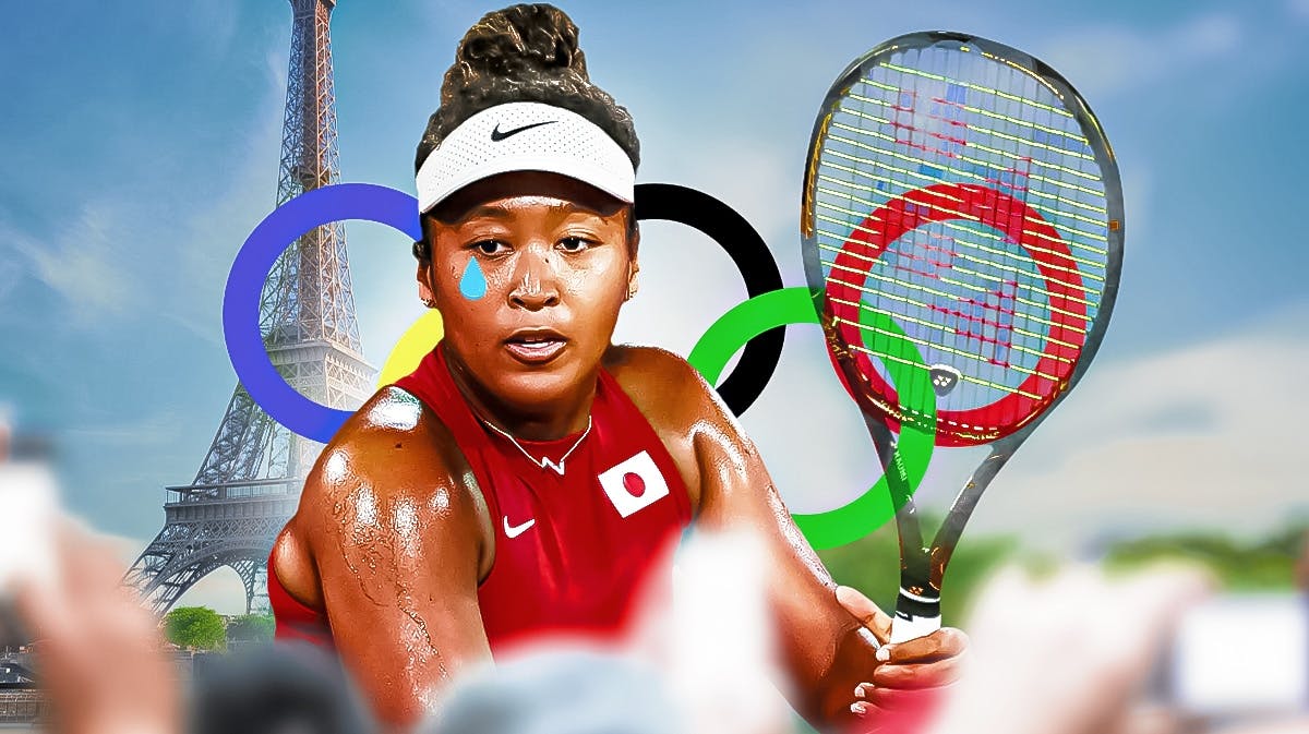 Women's tennis player Naomi Osaka, with tear emojis in her eyes like she's said, with Paris, France and the Olympic Rings in the background