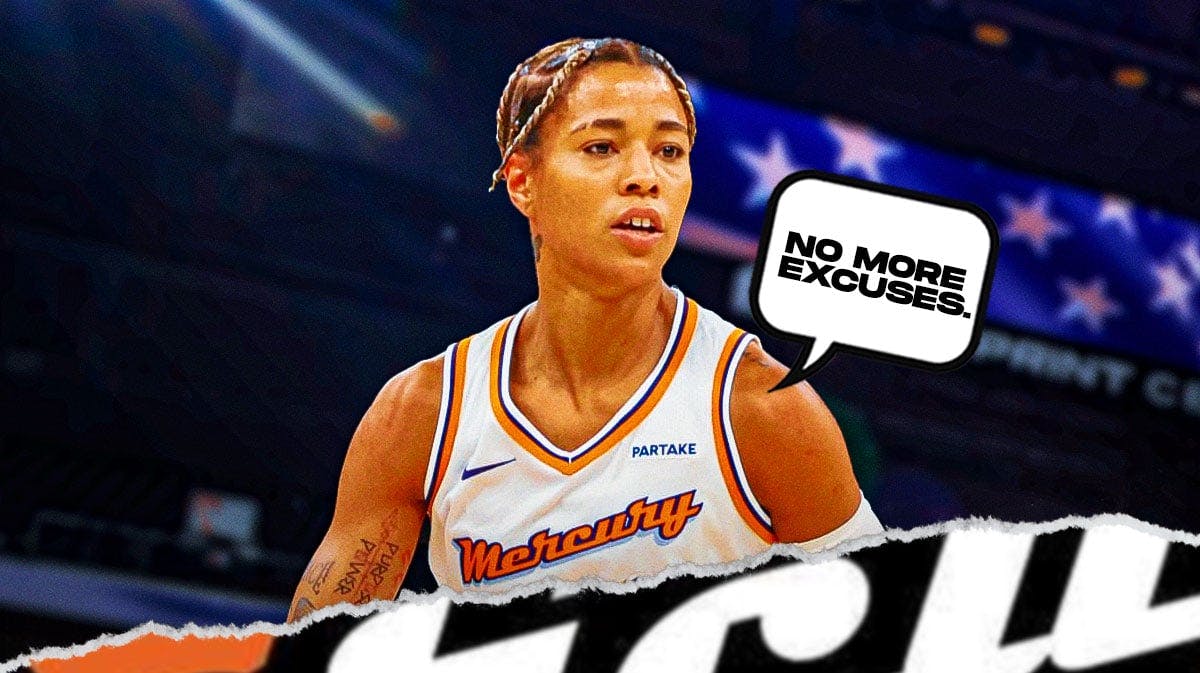 WNBA Phoenix Mercury player Natasha Cloud, with a neutral or frustrated expression, and speech/text bubble that says "No more excuses."