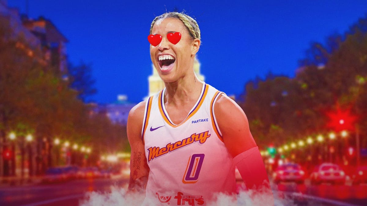 WNBA Phoenix Mercury player Natasha Cloud, in her Phoenix Mercury uniform, with the city of Washington, D.C., United States in the background and heart emojis in Natasha Cloud's eyes.
