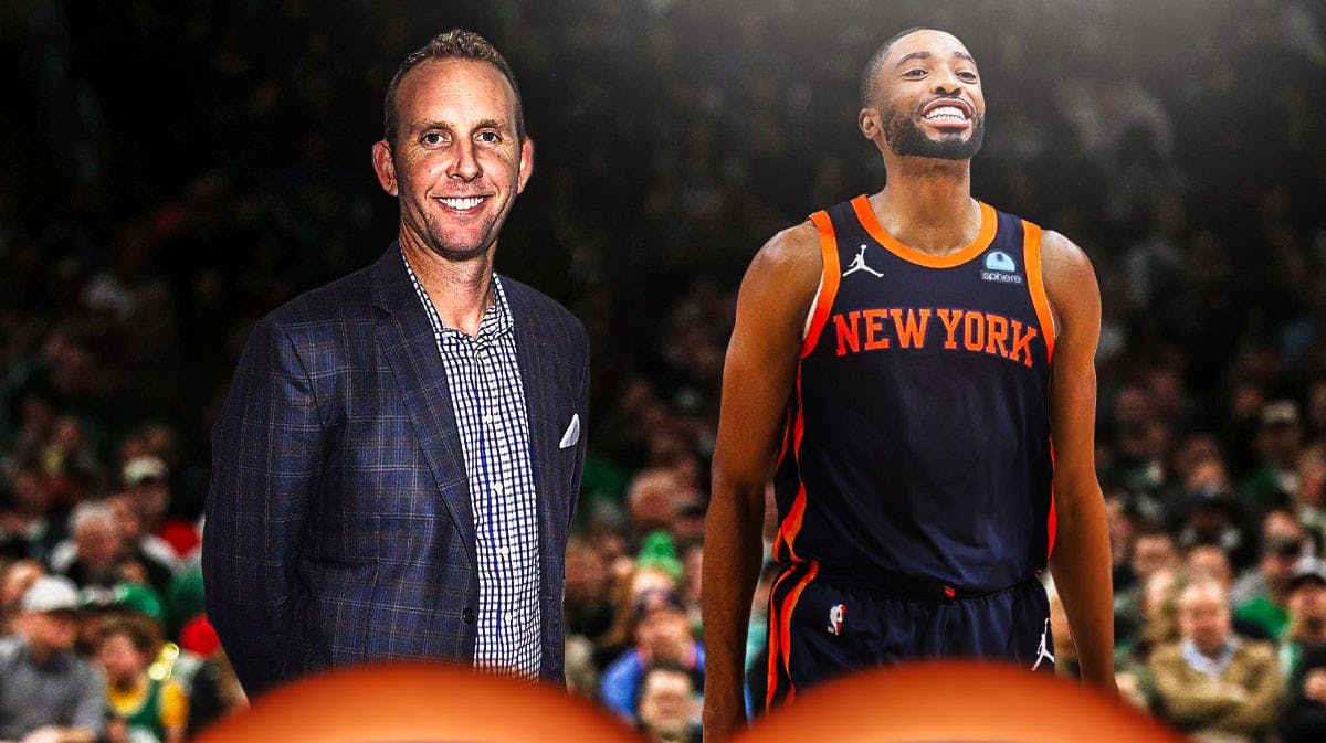 Nets GM Sean Marks next to Mikal Bridges in a Knicks jersey