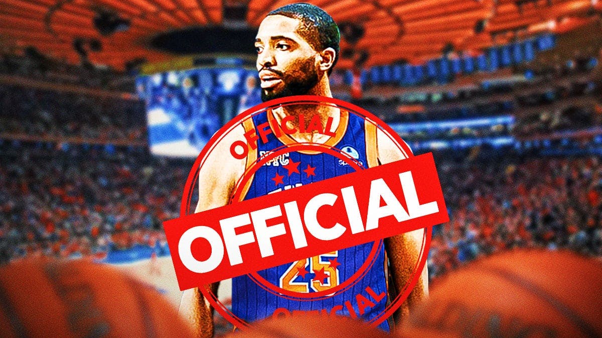 Mikal Bridges in a Knicks uniform with "OFFICIAL" stamped over him