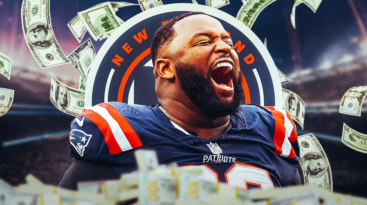 Patriots Davon Godchaux with money all around him. Patriots 2024 logo in background.