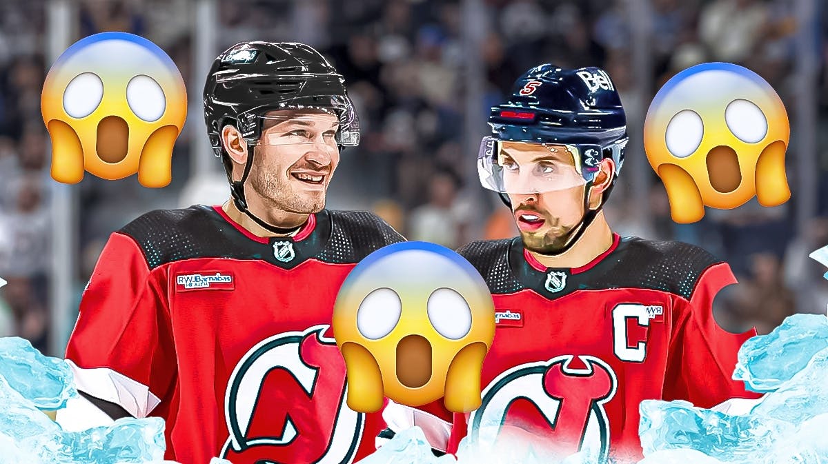 Brett Pesce and Brenden Dillon in New Jersey Devils uniforms with a bunch of shocked emojis in the background