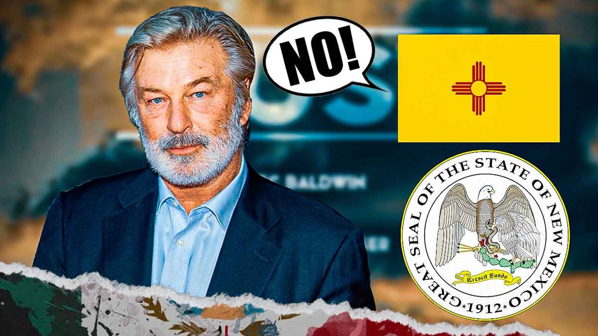 Alec Baldwin, New Mexico seal and state flag with speech bubble saying "No!"