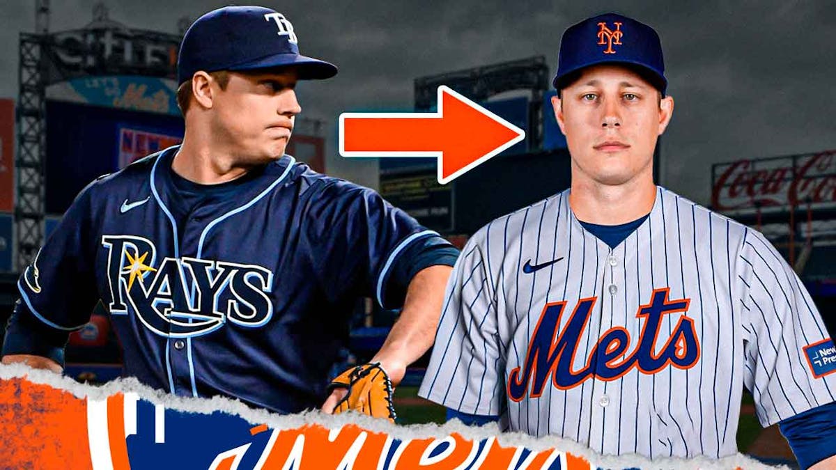 Phil Maton appears on the left in a Rays jersey and on the right in a Mets jersey with an arrow between and Citi Field in the background