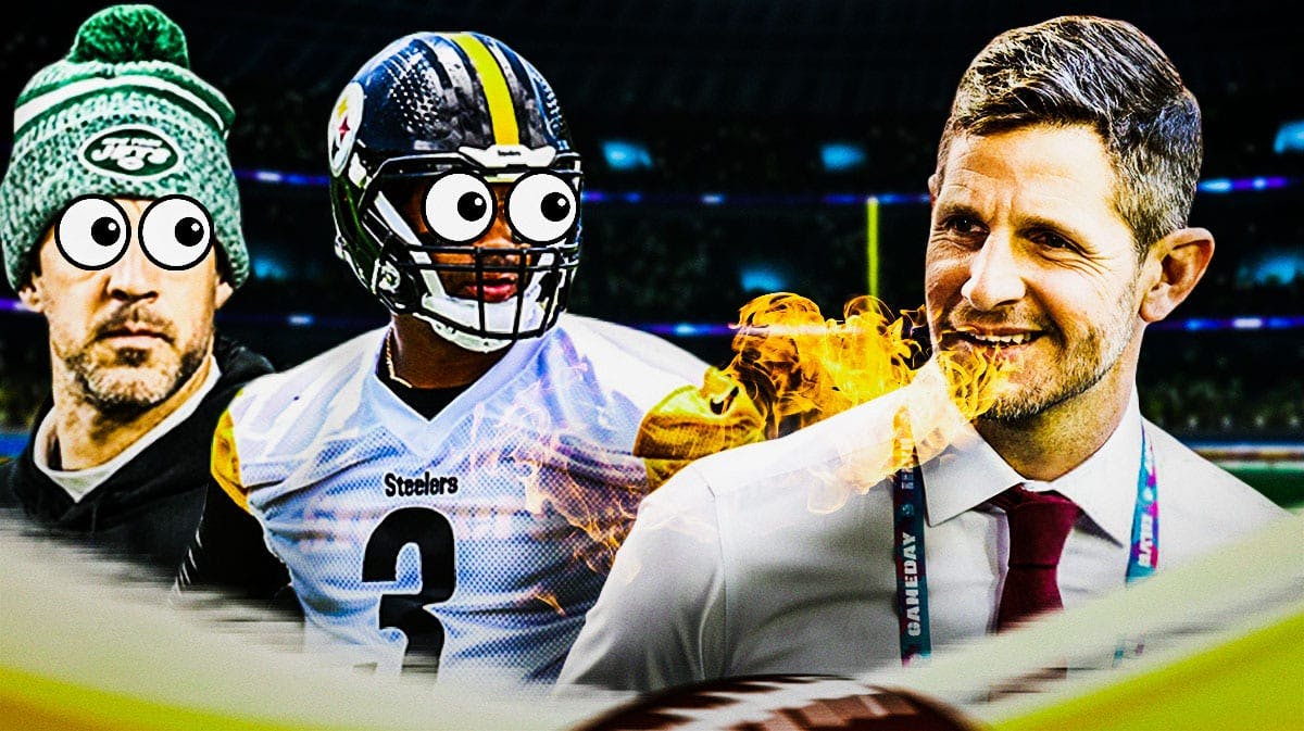 Dan Orlovsky on one side breathing fire, Aaron Rodgers and Russell Wilson on the other side with the big eyes emoji over their faces