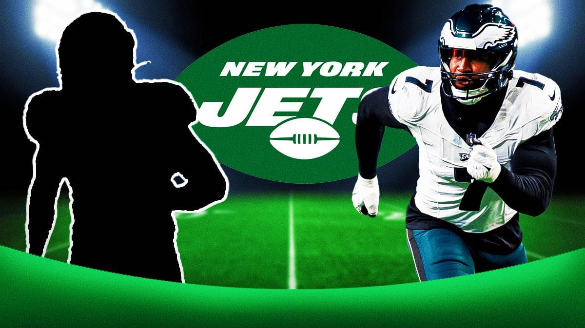 New York Jets edge rusher Haason Reddick with a silhouette of an American football player with a big question mark emoji inside. There is also a logo for the New York Jets.