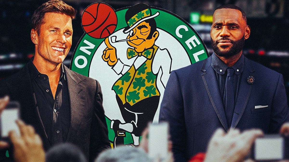 Tom Brady and LeBron James stand next to Celtics logo with owners in background, NBA Finals logo