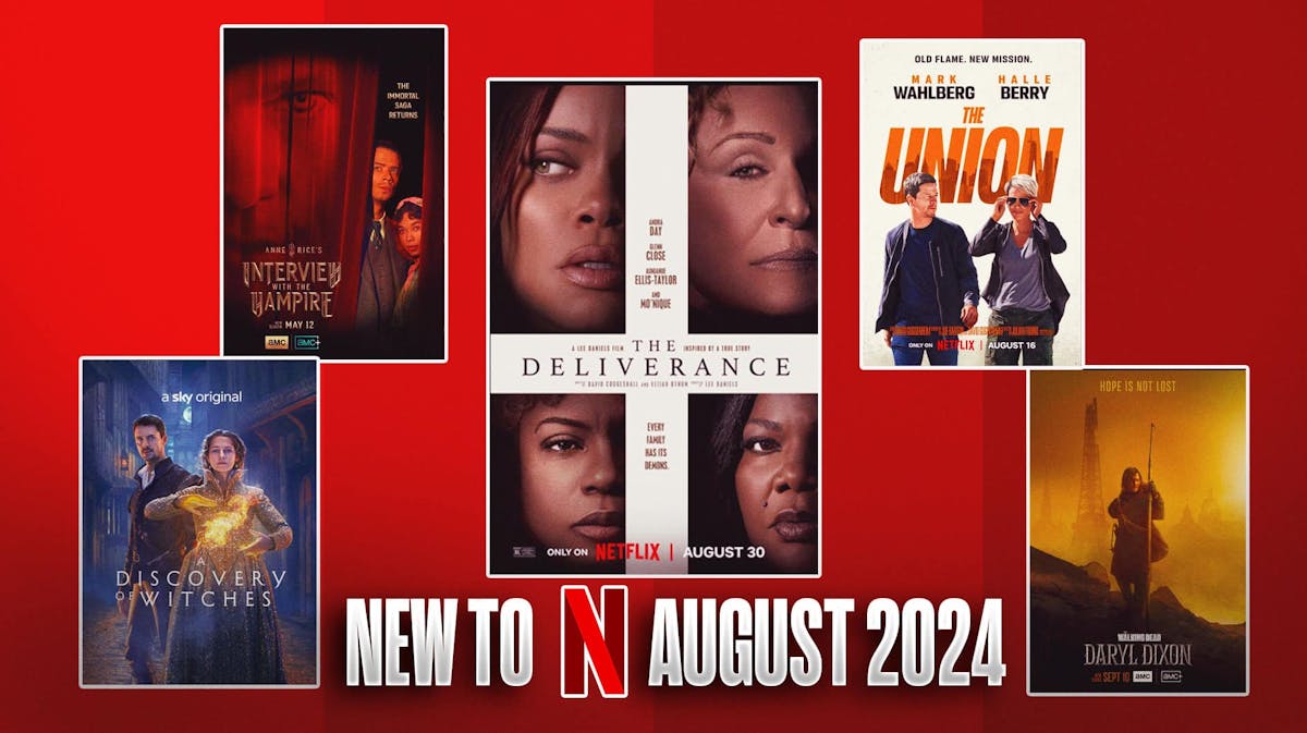 Posters of Interview with the Vampire, The Deliverance, The Walking Dead: Daryl Dixon, The Union and A Discovery of Witches; New to Netflix August 2024