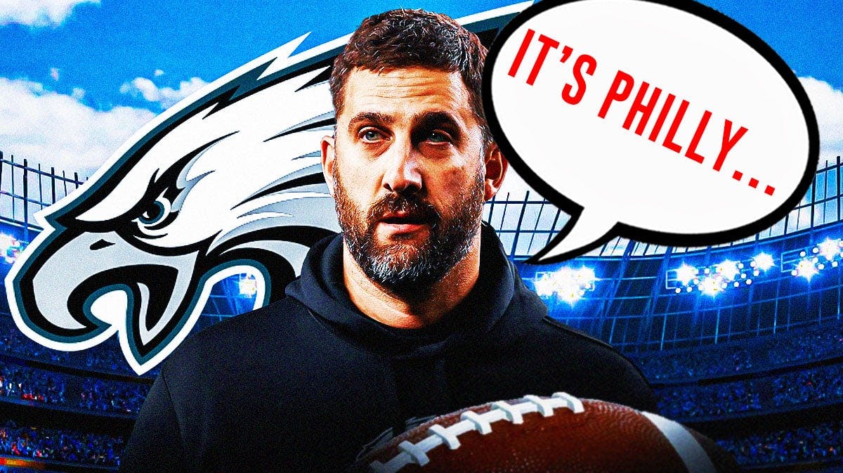 Philadelphia Eagles head coach Nick Sirianni with a speech bubble that says “It’s Philly…” There is also a logo for the Philadelphia Eagles.