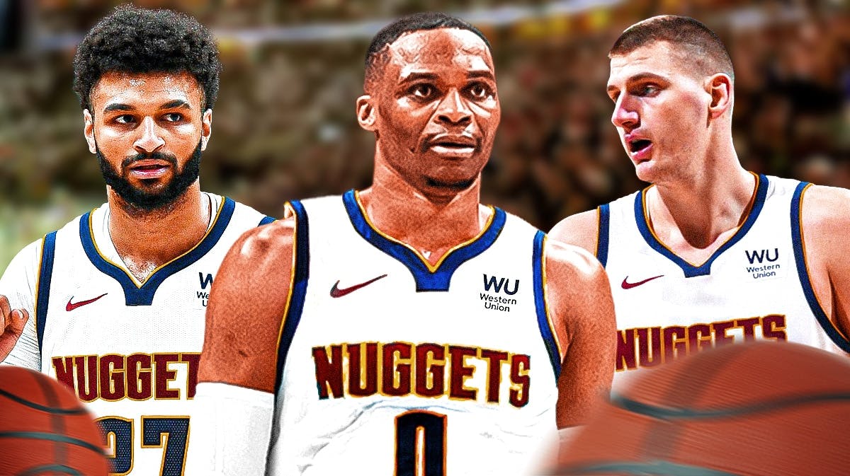 Russell Westbrook in a Denver Nuggets jersey alongside Jamal Murray and Nikola Jokic with the Nuggets arena in the background NBA free agency signings