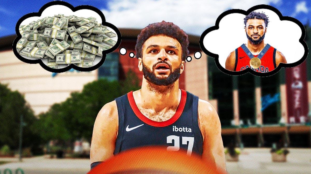 Nuggets' Jamal Murray with two thought bubbles, one containing plenty of money, one containing image of him wearing Canada jersey and a gold medal around his neck