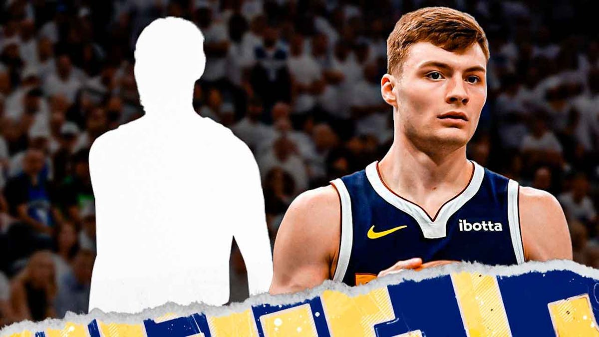 Christian Braun next to the blacked-out silhouette of Kentavious Caldwell-Pope in the Nuggets arena.