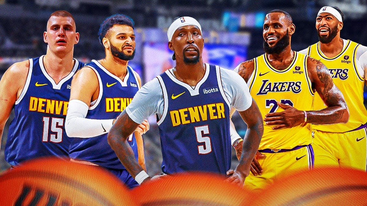 Nuggets' Kentavious Caldwell-Pope, Nikola Jokic and Jamal Murray next to Lakers' LeBron James and Anthony Davis