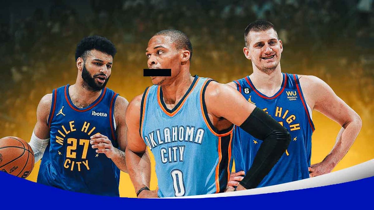 Russell Westbrook with a black bar over his mouth for censorship in the middle of Nikola Jokic and Jamal Murray.