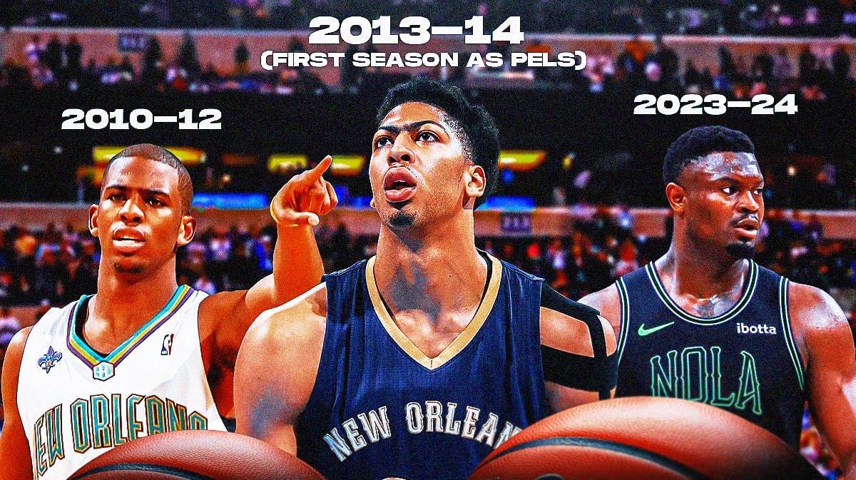 Chris Paul wearing an old Hornets jersey that has pinstripes (2010-12). Anthony Davis in a blue jersey from 2013-14 (first season as Pels) that says New Orleans. Zion Williamson in the black voodoo edition from this past season (2023-24).