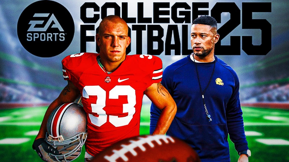 Ohio State's James Laurinaitis, Notre Dame's Marcus Freeman on the right. EA Sports College Football 25 logo in the background.