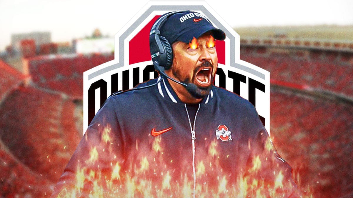 Ohio State football Ryan Day with fire in his eyes and surrounded by fire