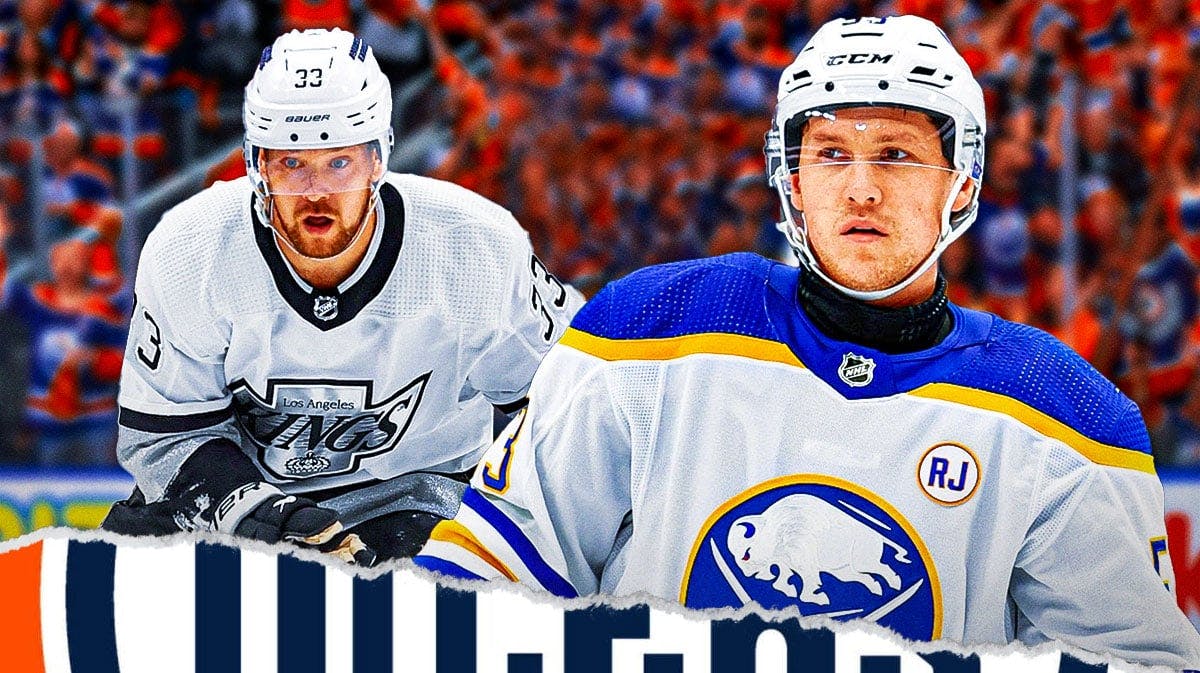 Jeff Skinner and Viktor Arvidsson on either side looking happy, Edmonton Oilers logo in image, hockey rink in background