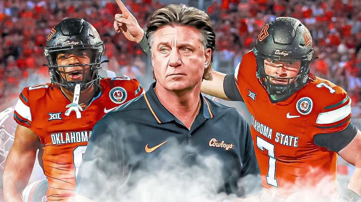 Oklahoma State's Mike Gundy, Ollie Gordon II and Alan Bowman.