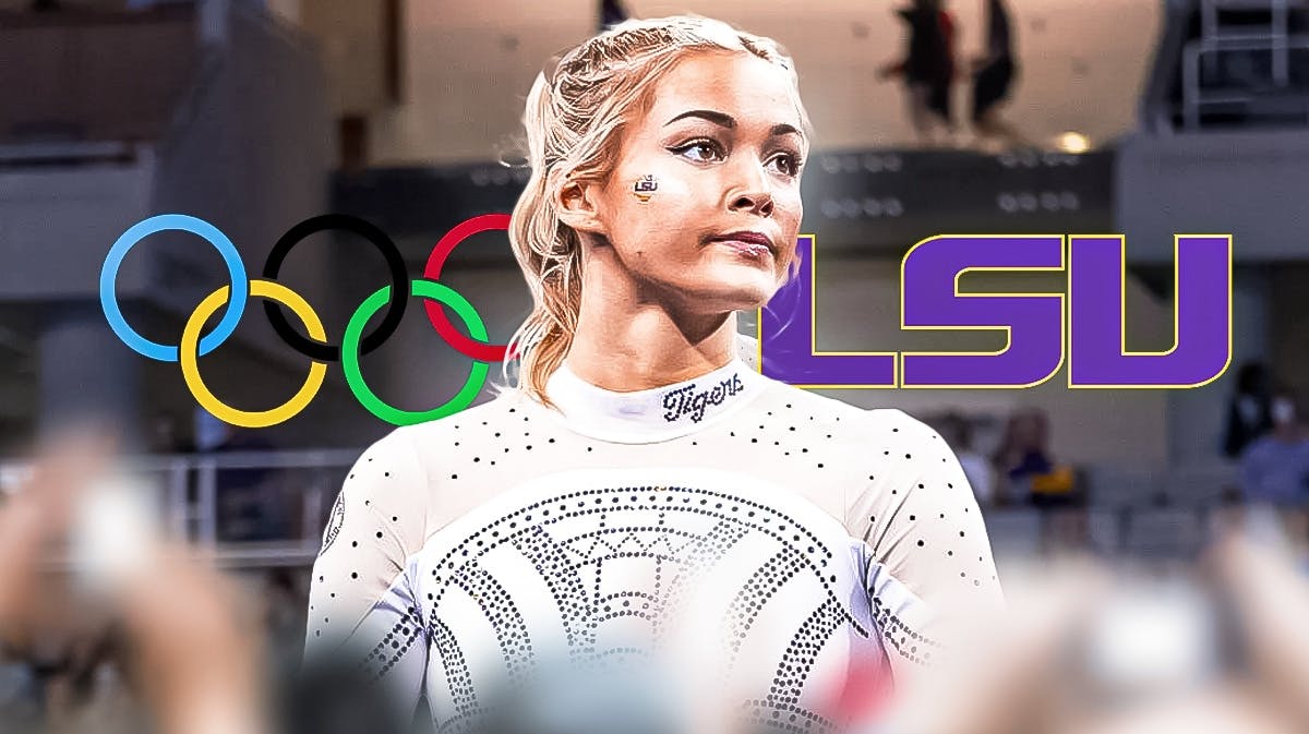 Olivia Dunne between Olympic logo and LSU logo.