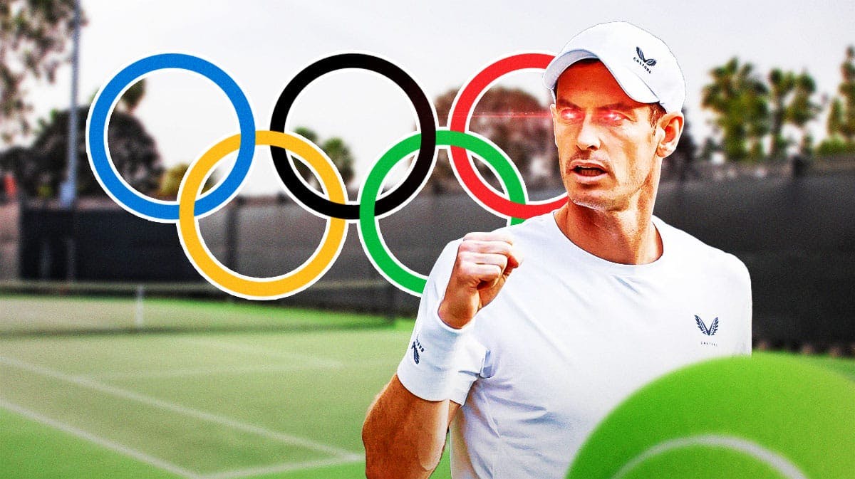Andy Murray (Tennis star) with woke eyes and with the Olympic logo in the background