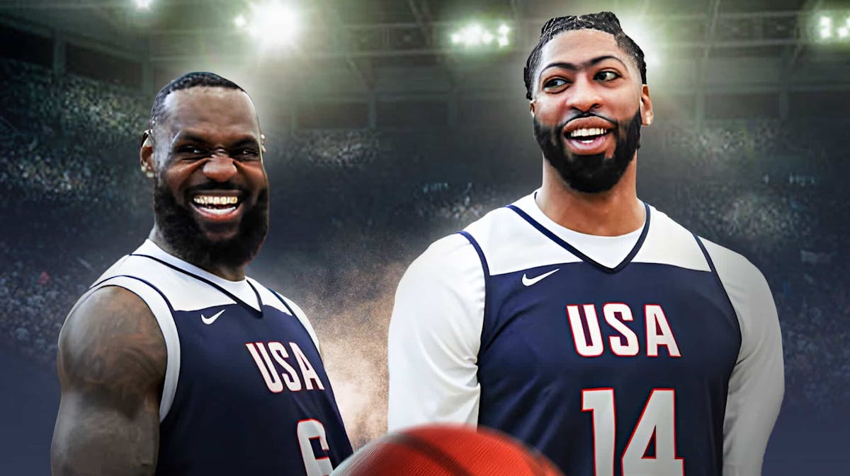 Anthony Davis stands next to Lakers and Team USA teammate LeBron James after Germany win
