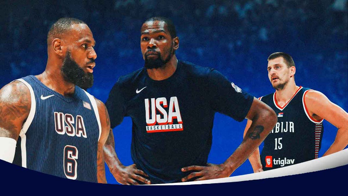 LeBron James (in USA uniform) looking at a worried Kevin Durant in a Team USA uniform, question marks all over Durant, with Serbia's Nikola Jokic looking on