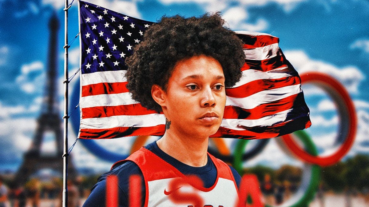 Brittney Griner in a 2024 Team USA jersey looking serious. Close-up image. Place the USA flag in background.