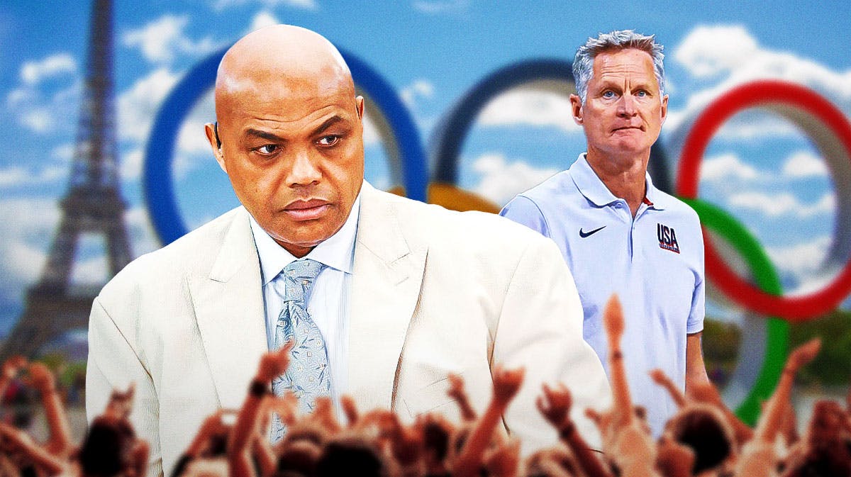 Charles Barkley mad at Stever Kerr with an Olympics-themed background.