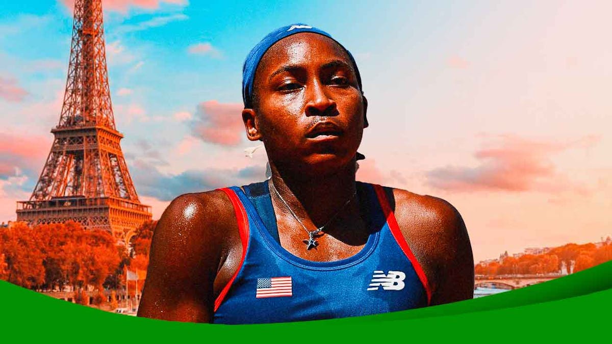 USA women's tennis player Coco Gauff with a neutral/frustrated expression, with Paris, France in the background.