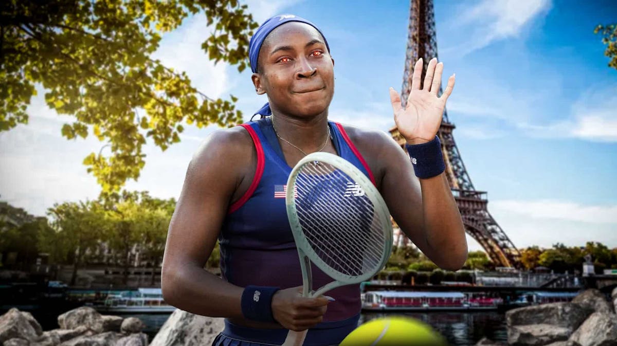 United States women's tennis player Coco Gauff, in tennis clothing, with red laser eyes. Paris, France should be the background